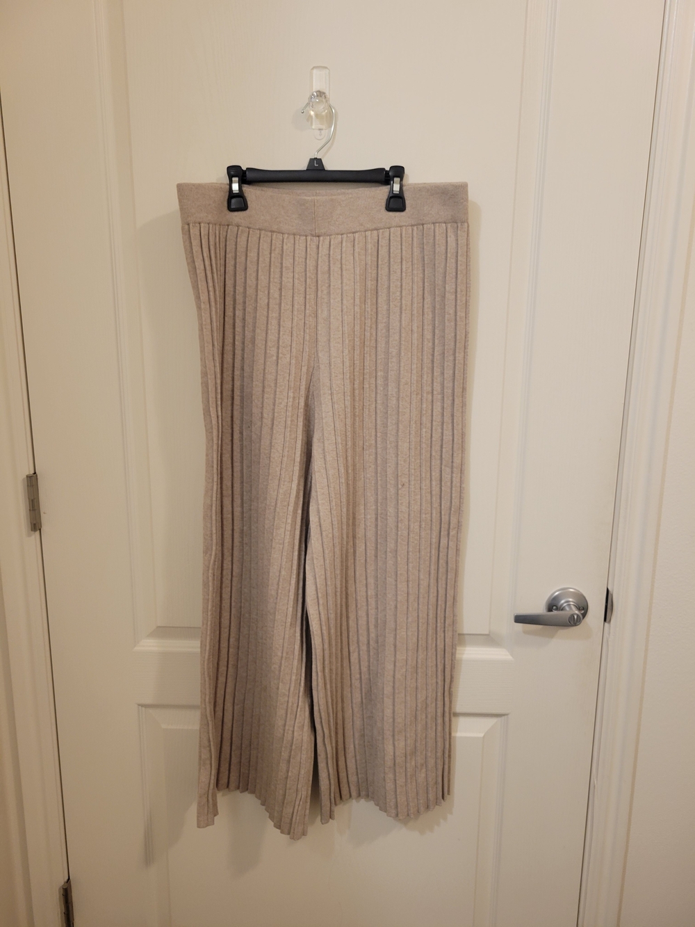 DownEast Beige Ribbed Wide-Leg Knit Pants